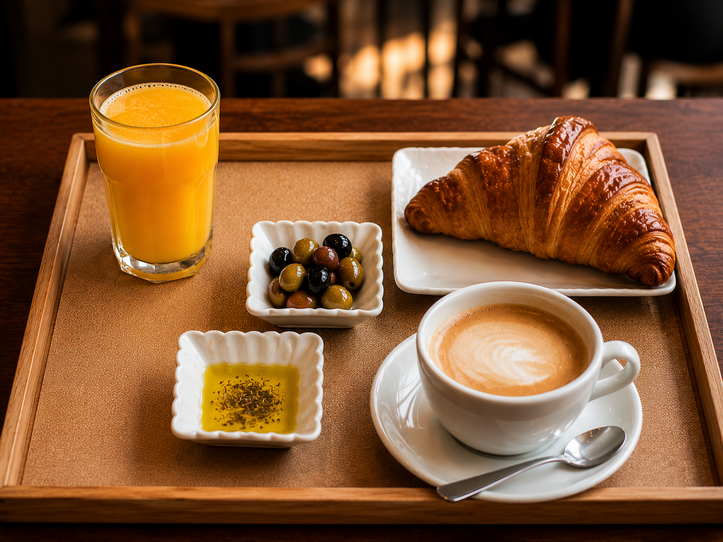 Café o té + zumo + cruasán