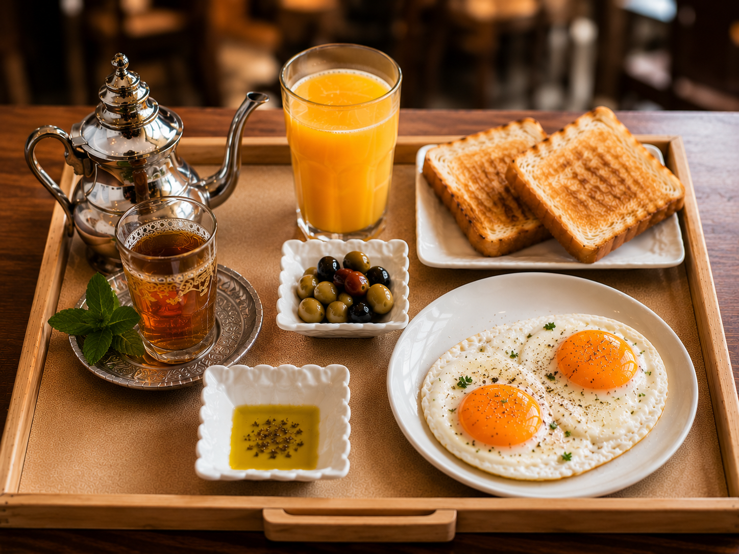 Té + 2 huevos + zumo
